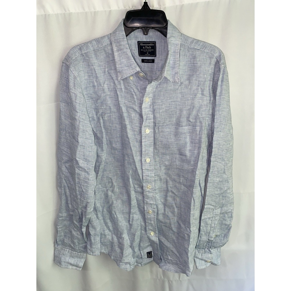 Abercrombie & Fitch 100% Linen Long Sleeve Button Down Shirt Medium Blue Stripe